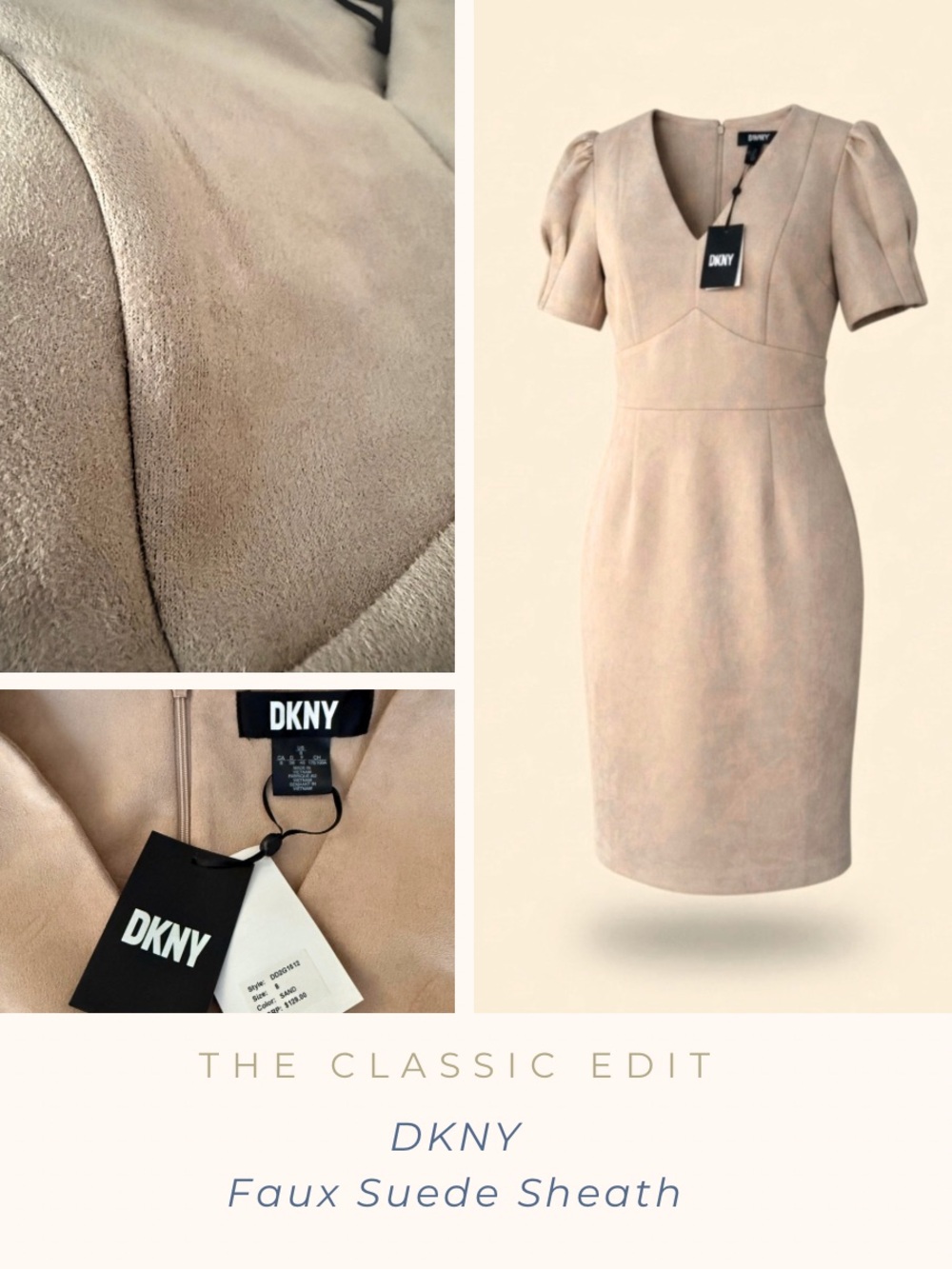 NWT DKNY Faux Suede Sheath Dress | Soft Taupe | Puff Sleeve